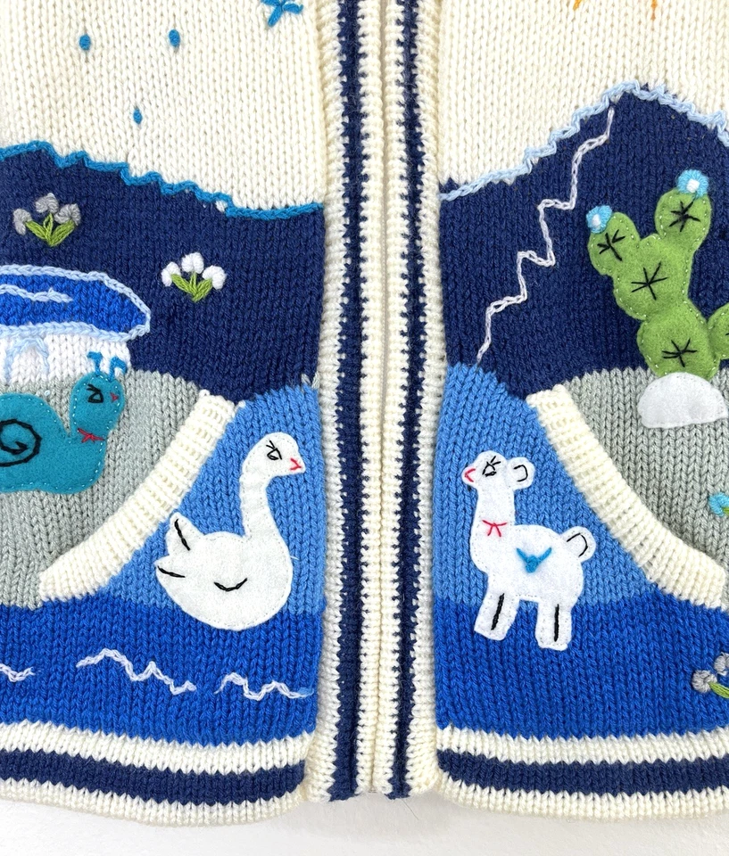 Peruvian Girls Boys Wool Handmade Patchwork Knit Sweater Size 8 Lake Swan - Image 3 of 4