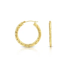 14K Real Solid Yellow Gold Checkered Diamond-Cut Round Flat Hoop Earrings 30mm