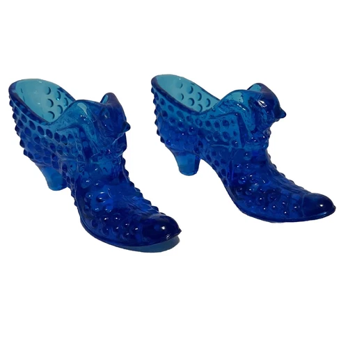 2 Vintage Fenton Blue Hobnail Cat Faced Slippers