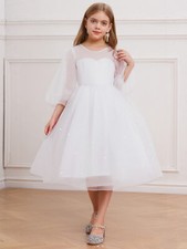 Kid Girl Tulle Princess Dress Back Deep V Design Bowknot Faux Pearls Wedding