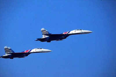 Original colour slide 'Russian Knights' - 2 x Su-27 Flanker of Russian AF