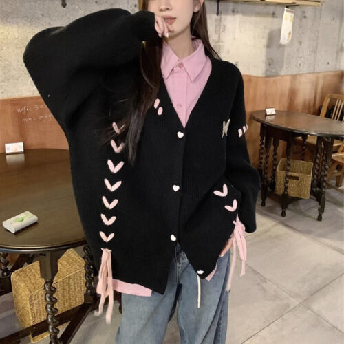 Cardigan donna farfalla stringato maglia maglione top cuore bottoni preppy - Foto 5 di 16