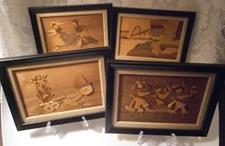 Vintage Polish Wood Inlay Marquetry Art Various Scenes Elegantly Framed Set of 4