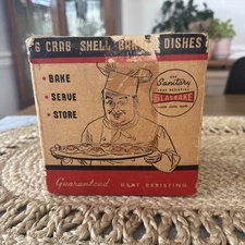 Vintage MCM GLASBAKE Deviled Crab Baking Glass Shells Ashtrays Set of 6 with Box
