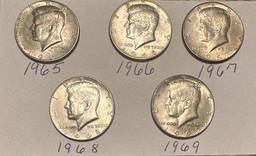 Lot Of 5 Kennedy Half Dollars 40% Silver, 1965,1966,1967,1968,1969