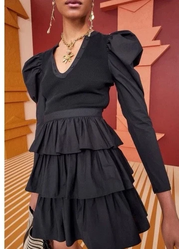 Abito Ulla Johson Amiri nero cotone fine costine popeline maniche a palloncino medio