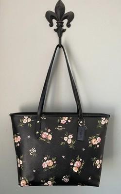 COACH City Zip Tote Tossed Daisy Black Floral Print/ Gold Hardware Shoulder Bag