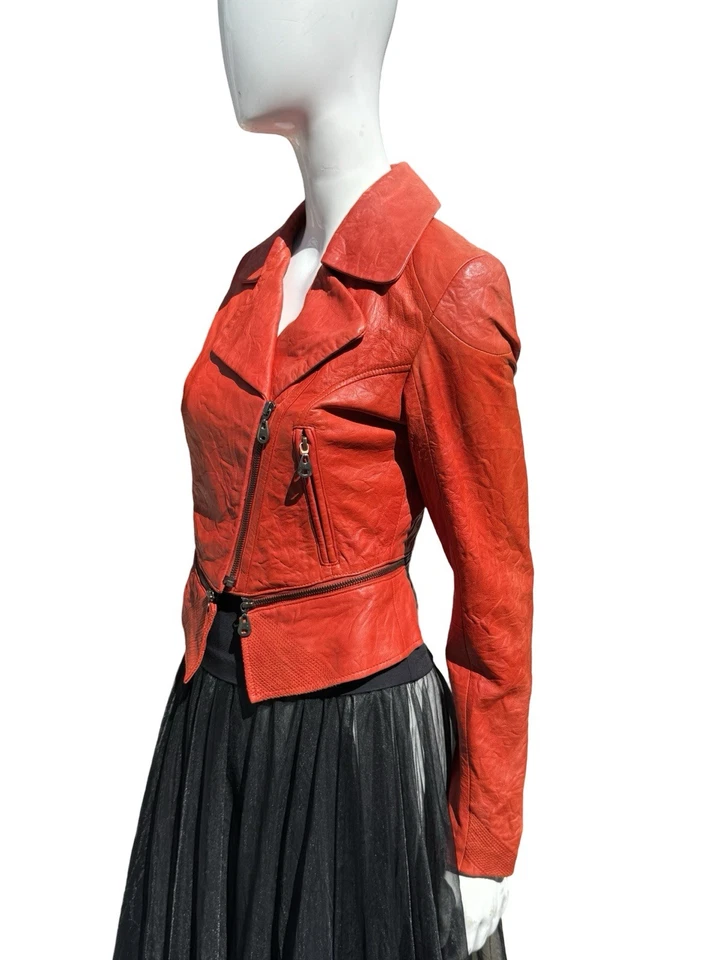 Vintage Y2K DOMA Leather Red motorcycle Jacket KITSON Tag W/detachable Waist Sm - Image 2 of 4