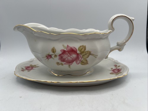 Mitterteich June Rose Germany Bavaria Gravy Boat Underplate Scalloped Gold Trim