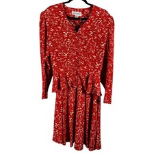 Vintage Argenti Women s 100 Silk 2 Piece Button Blouse And Midi Skirt Red M