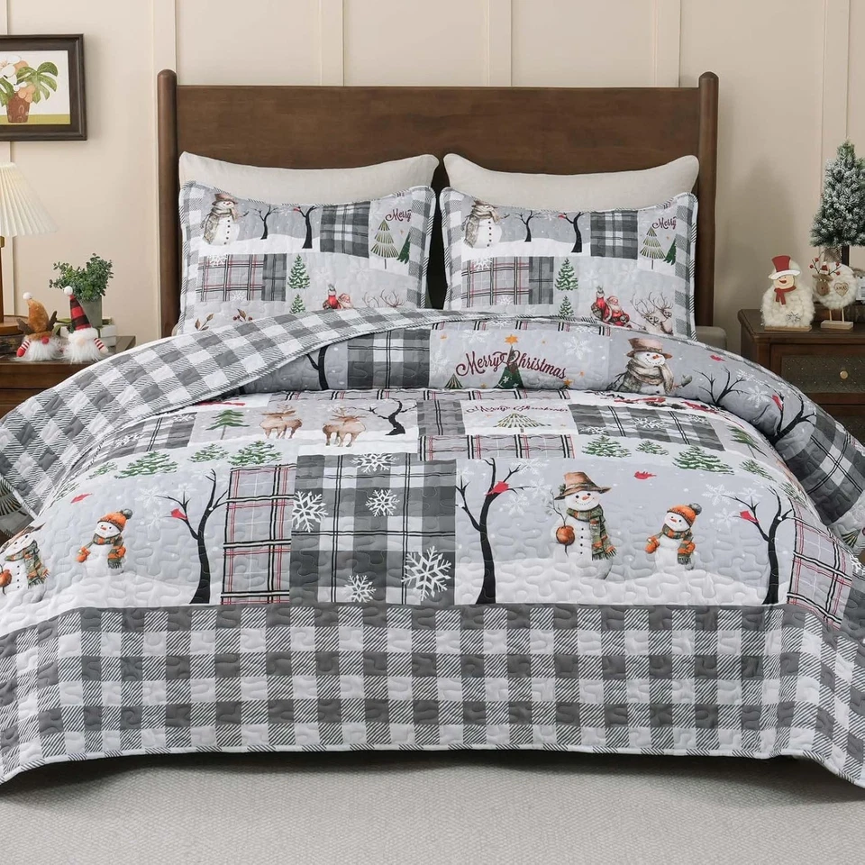 Christmas Quilt Set Queen 3 Pieces - Rustic Patchwork Quilt Bedding Set Reversib - Image 3 of 4