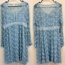 Sundance Blue Embroidered Mesh Lace Empire Waist Dress Sz 16 Boho Cottagecore