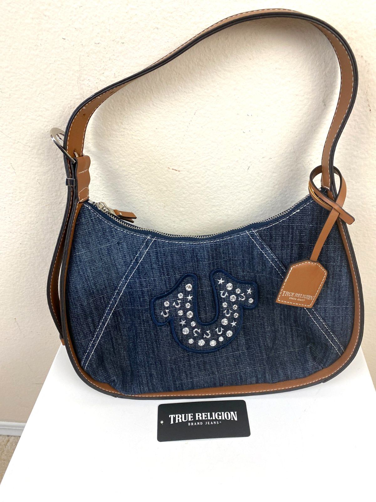 New TRUE RELIGION Blue Denim Raised Horseshoe Hobo Shoulder Bag Studds 14" x 9" thumbnail 6