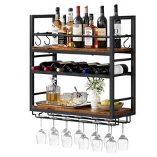 Wall Mount Wine Rack Wooden Metal Bottle Display Shelf with 2-Row Glass Holder