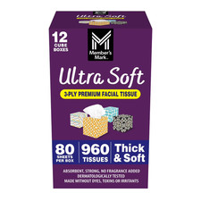 Member's Mark Ultra Soft 3-Ply Facial Tissues, Cube Boxes 80 tissues/box, 12 box