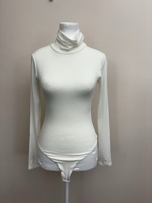 Naked Wardrobe Women s White Turtleneck Bodysuit Long Sleeve  M Viscose Blend