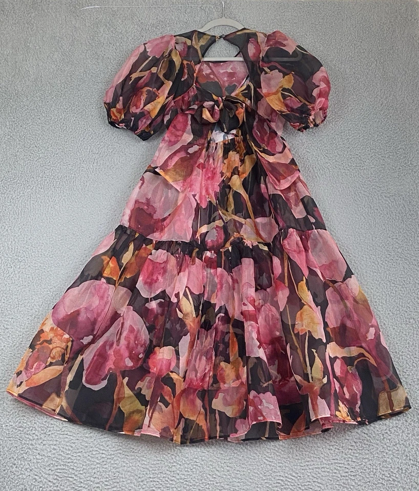NEW Anthropologie Puff-Sleeve Organza Midi Dress Size XS Silk Floral Backless - Image 2 of 4