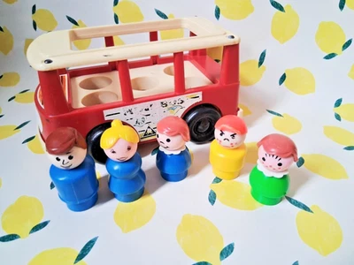 Fisher Price Little People Mini Bus 1969 Belgium Vintage 5 Figurines Bus Rouge - Photo 1/4