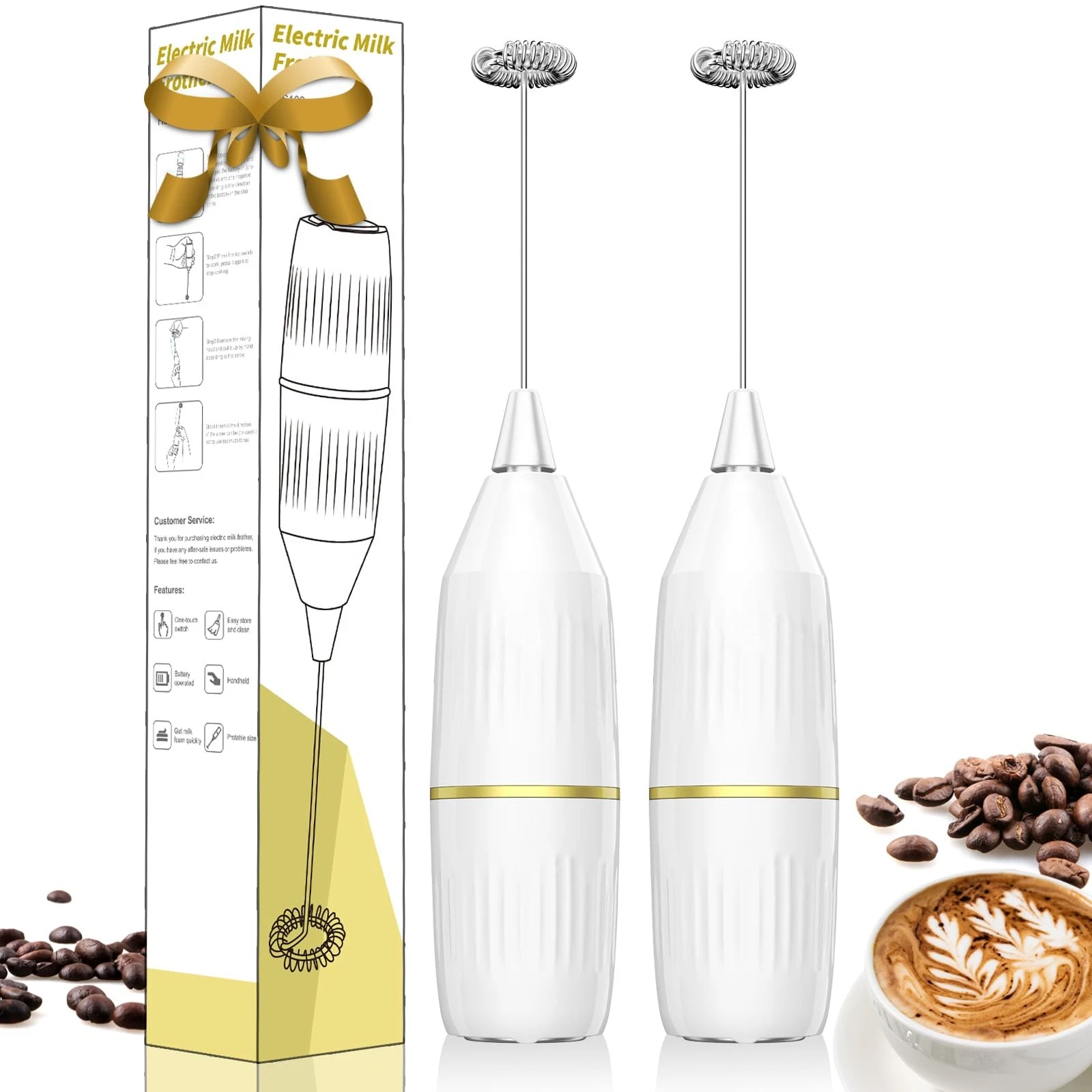 2 Pack Easy Clean Milk Frother Wand (White) | Detachable Whisk, One-Touch, Su...