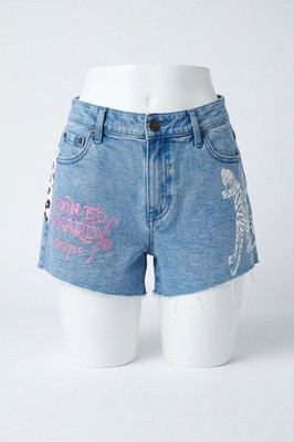 Ed Hardy Leopard Denim Shorts Washed Blue