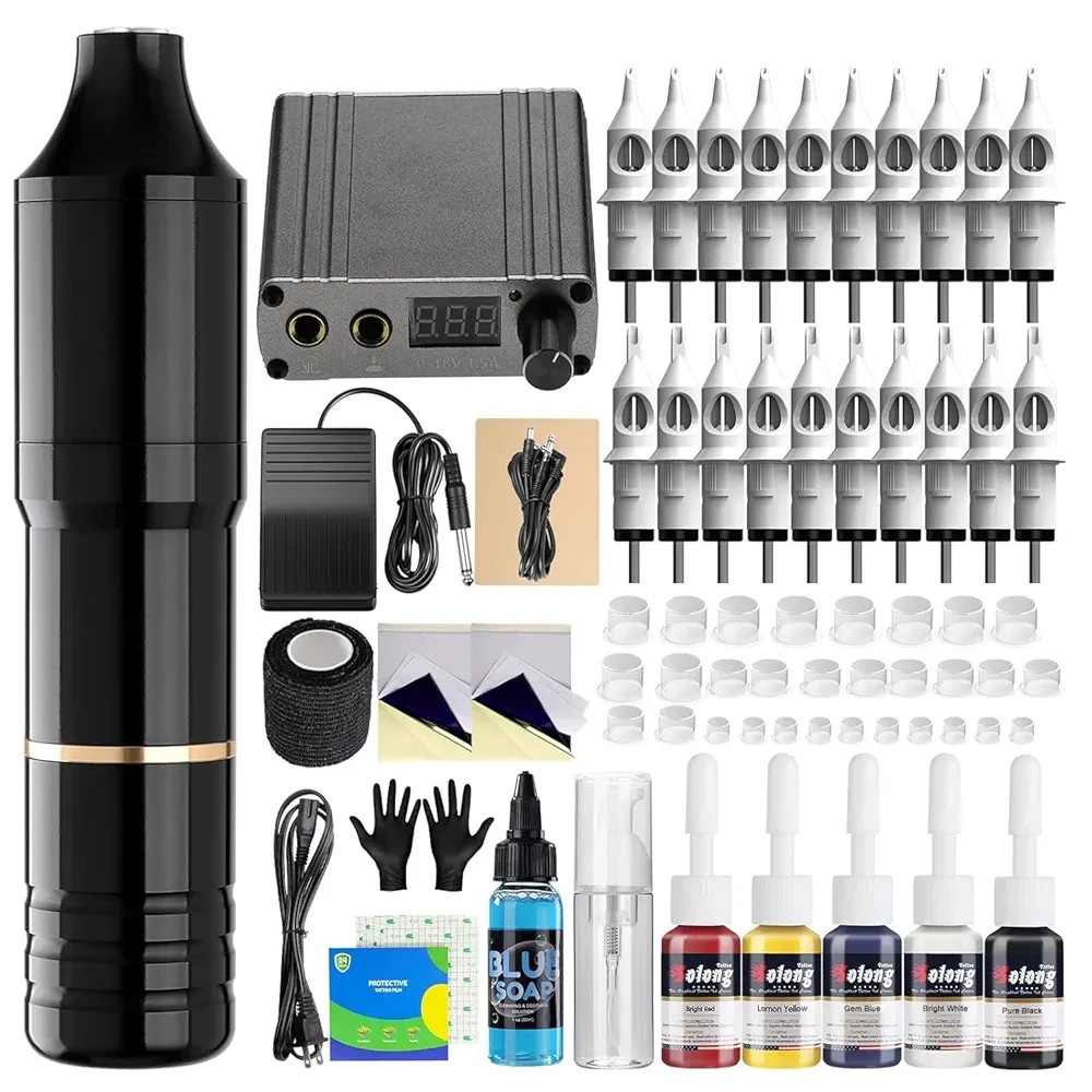 Wireless Rotary Tattoo Gun Kit Pen Machine w/Battery, 20 Needles, 5 Inks/Colors