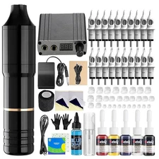 Wireless Rotary Tattoo Gun Kit Pen Machine w/Battery, 20 Needles, 5 Inks/Colors
