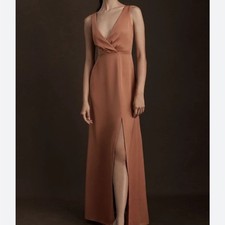 BHLDN Piper V Neck Side Slit Satin Gown Maxi V Back Side Zip Rose Pink Sz 6