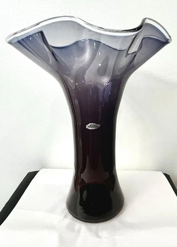 Vintage Blenko Handblown Art Glass Vase 12” Violet Purple w/ Clear Rim