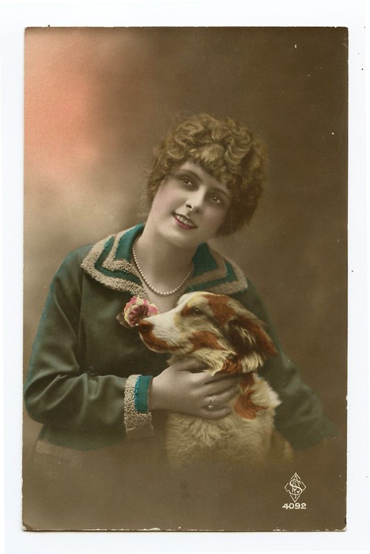 c 1920 French Fashion PRETTY LADY w/ DOG photo postcard