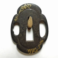 Higo Iron Tsuba Quince Paulownia Arabesque Gold Inlay Japanese Sword Guard