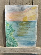 ACEO Original Sunset Ocean Spring Landscape Watercolor Art Card 3.5x2.5