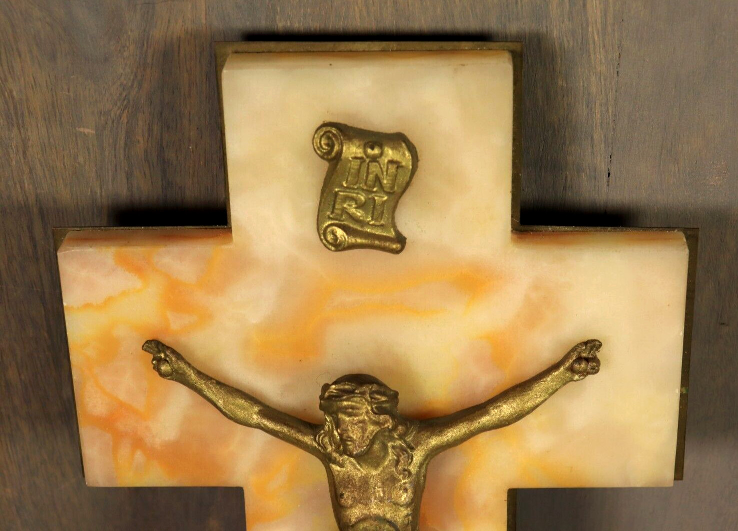 Antique French White Onyx Marble Gilt Wall Cross Crucifix -Ships DDP to USA