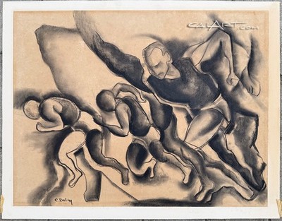 1950s MODERNIST Charcoal of Track Sprinters in Motion CUBIST FUTURIST Influence