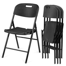 4PCS 33"H Commercial Contoured Folding Plastic Chairs Set Steel Frame Black