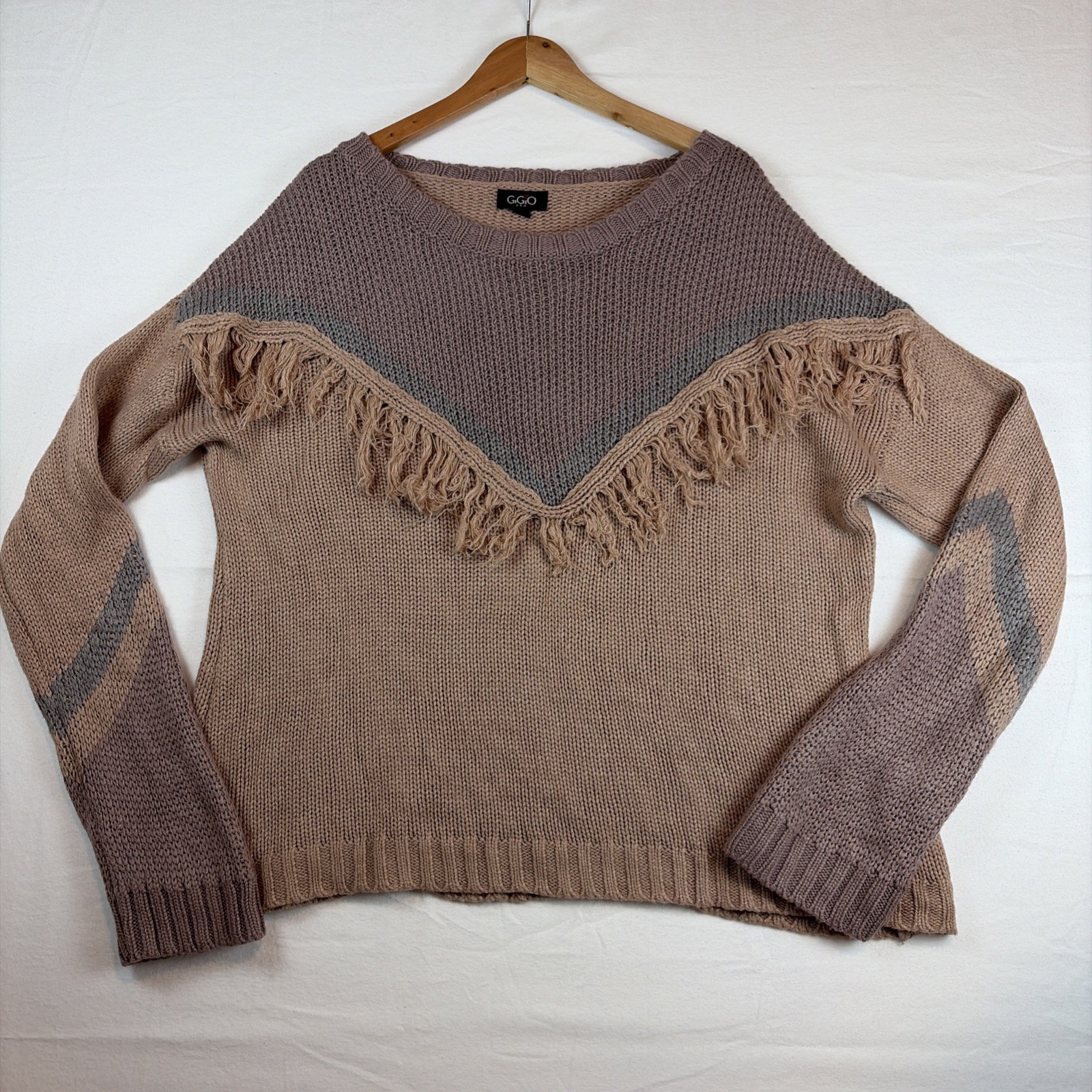 GigiO Sweater Womens Size Large Pink Purple Fringe Boho Hippie