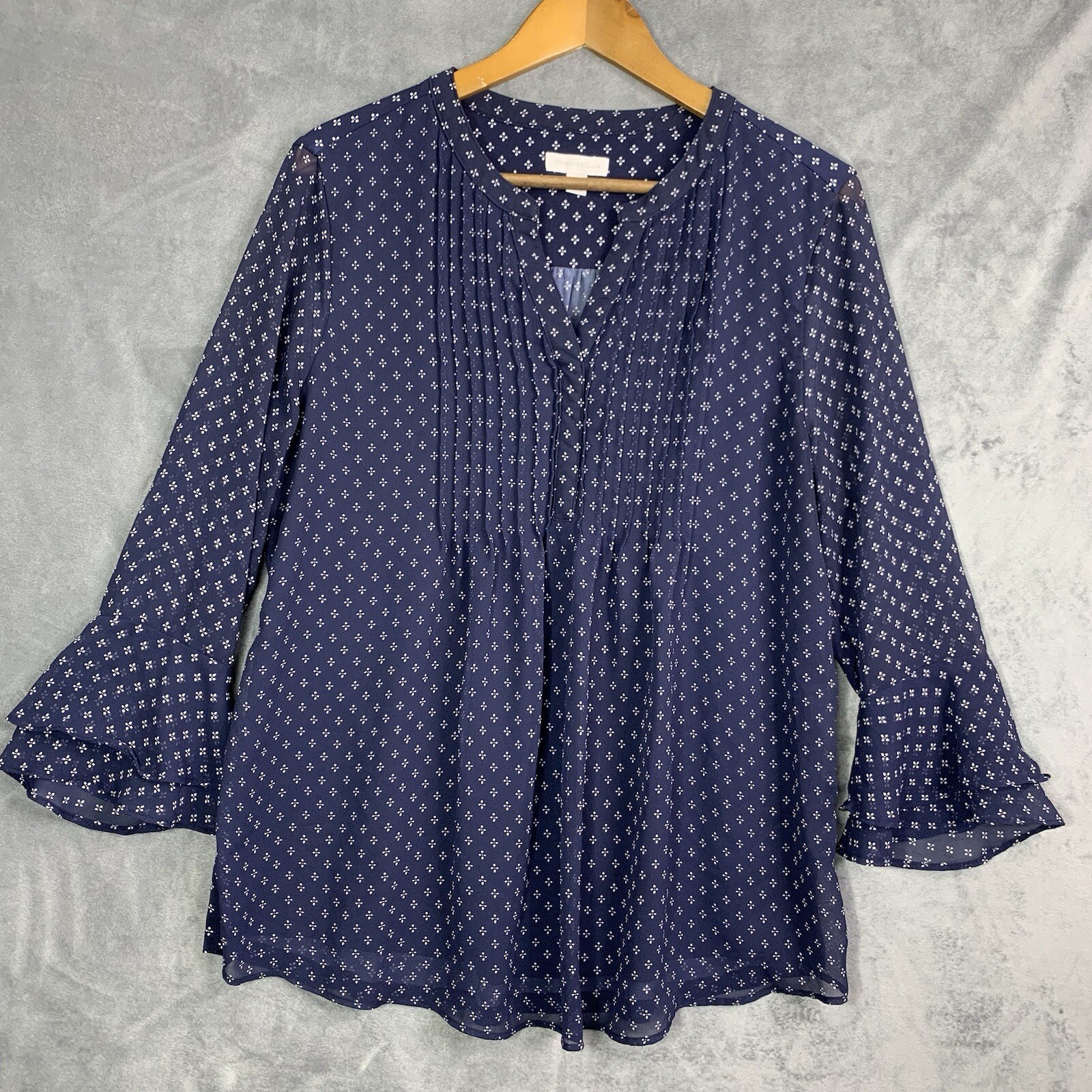Charter Club Womens L Tunic Top 3/4 Bell Sleeves V-Neck Stretch Pleated Floral