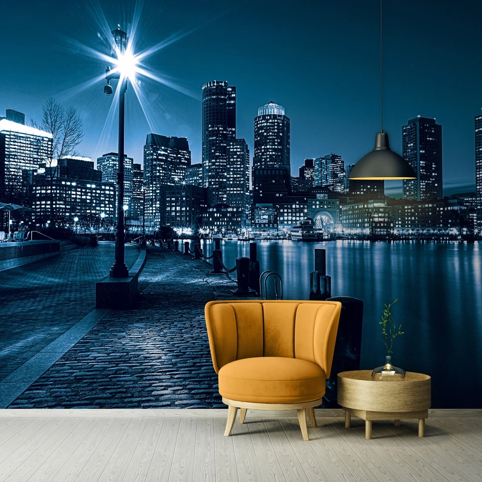 MURAL DE PARED GIGANTE DE Boston 312x219 cm papel tapiz dormitorio decoración del hogar noche vista a la ciudad Foto 3 de 4