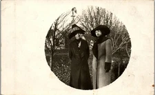 Ladies having fun outside nice embellished coats and hats 1910 Era RPPC TT1