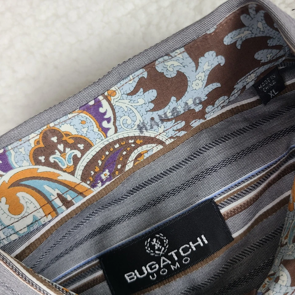 Bugatchi Uomo платье рубашка мужская XL коричневый серый в полоску на пуговицах - Изображение 4 из 4