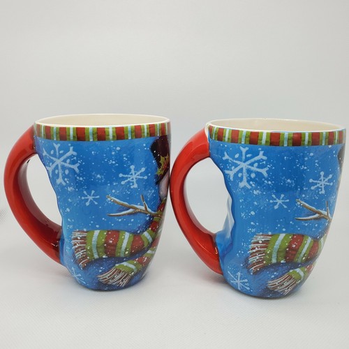 Set of 2 16 oz Snowman Mugs with Finger Grips Oversized Handle Winter Snow Heart - Picture 6 of 8