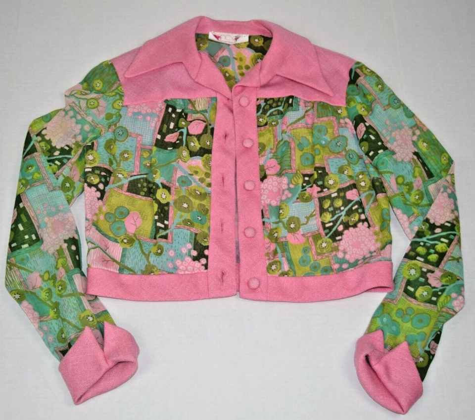 Vintage Shirt Jacket Nancys Size 12 60s Green Pink Linen Blend Waist Length - Image 2 of 4