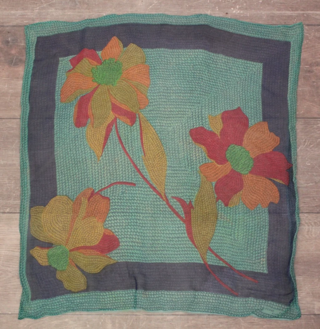 VTG 1950s Teal, Navy, Orange & Yellow Floral Pierre Cardin Chiffon Scarf Paris