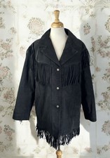 Black Leather Suede Fringe Tasseled Snap Jacket Coat 90s Western Rodeo Plus 2xl