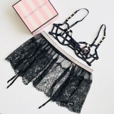 MEDIUM Victoria  s Secret black harness caged bra set skirt garter bling belt