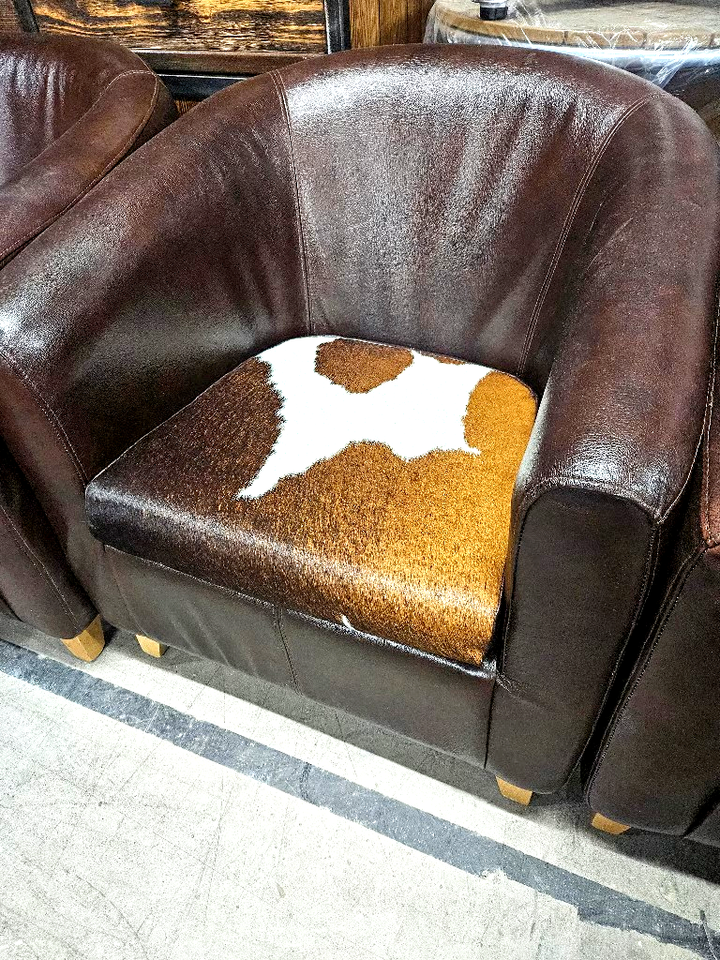 Bespoke genuine brown leather tub chair with hair on hide seat man cave