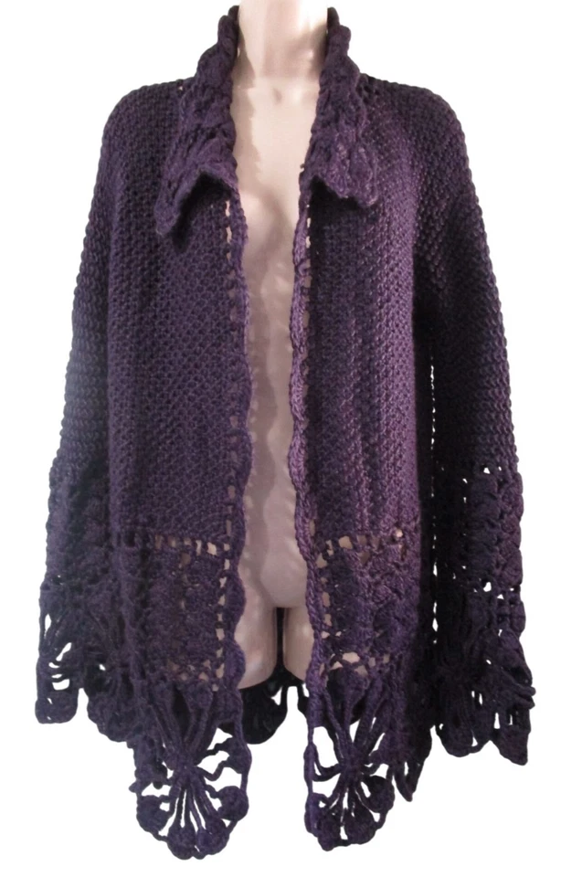 Cárdigan tejido ganchillo púrpura espejo vintage frente abierto dobladillo festoneado mediano Foto 2 de 4