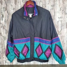 Vtg Windbreaker Womens M Medium Aztec Retro Colorblock Lavon Nylon Shoulder Pad
