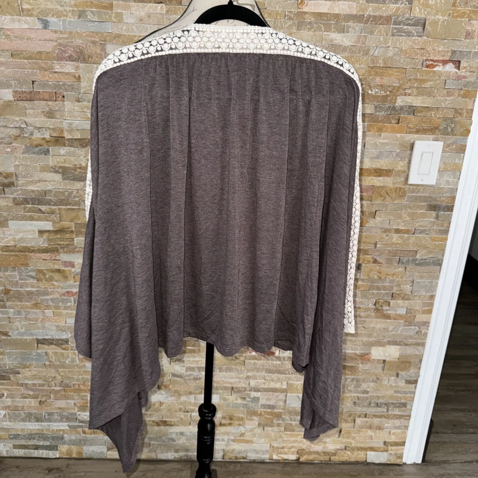 Cárdigan American Rag marrón con ribete de encaje beige frente abierto para mujer talla 2X Foto 4 de 4