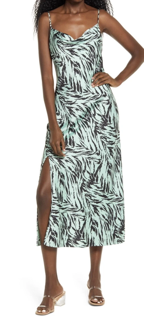 WAYF Influencing In Color Tanner Size XS Cowl Neck Satin Slip Dress Mint Tiger