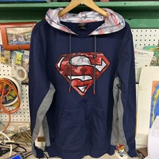Superman Mens Hoodie Dark Blue Sweatshirt Grey Red Camouflage Logo Size LARGE